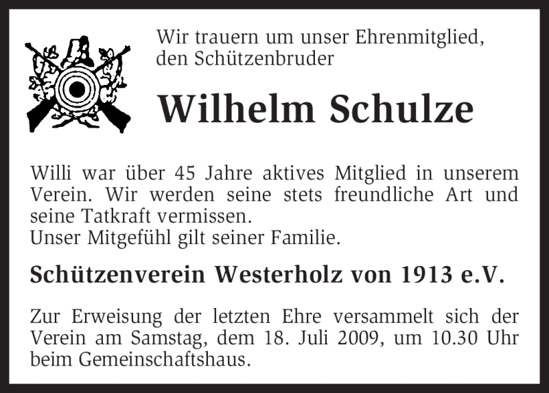  Traueranzeige für Wilhelm Schulze vom 15.07.2009 aus KREISZEITUNG SYKE