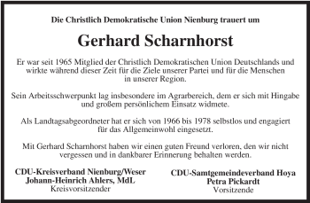 Traueranzeige von Gerhard Scharnhorst von KREISZEITUNG SYKE