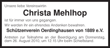 Traueranzeige von Christa Mehlhop von KREISZEITUNG SYKE