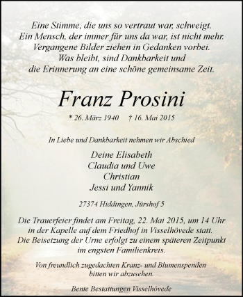 Traueranzeige von Franz Prosini von KRZ