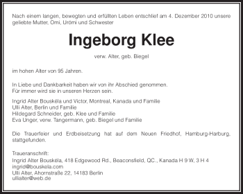 Traueranzeige von Ingeborg Klee von KREISZEITUNG SYKE