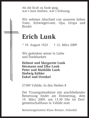 Traueranzeige von Erich Lunk von KREISZEITUNG SYKE