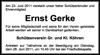 Traueranzeige von Ernst Gerke von KREISZEITUNG SYKE