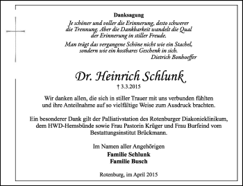 Traueranzeige von Heinrich Schlunk von KRZ