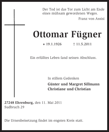 Traueranzeige von Ottomar Fügner von KREISZEITUNG SYKE