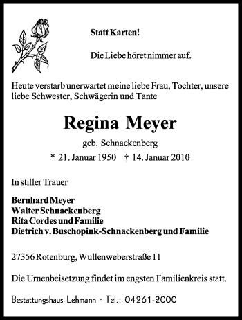 Traueranzeige von Regina Meyer von KREISZEITUNG SYKE