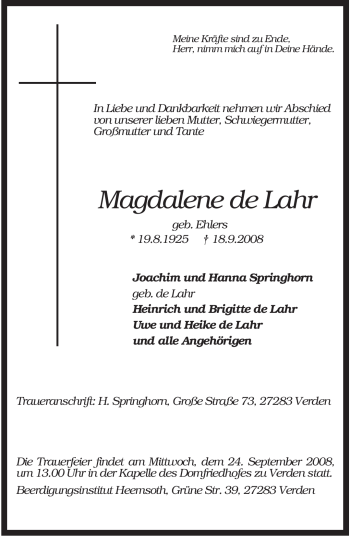 Traueranzeige von Magdalene de Lahr von KREISZEITUNG SYKE