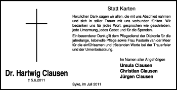 Traueranzeige von Hartwig Clausen von KREISZEITUNG SYKE