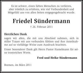 Traueranzeige von Friedel Sündermann von KREISZEITUNG SYKE