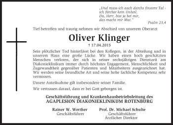 Traueranzeige von Oliver Klinger von KRZ