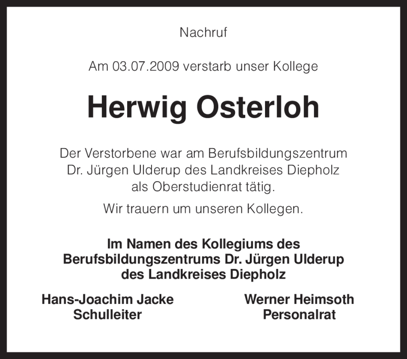  Traueranzeige für Herwig Osterloh vom 09.07.2009 aus KREISZEITUNG SYKE