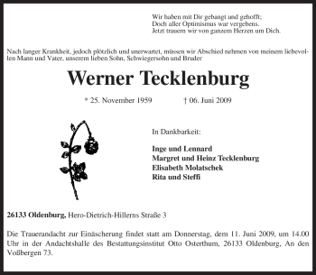 Traueranzeige von Werner Tecklenburg von KREISZEITUNG SYKE