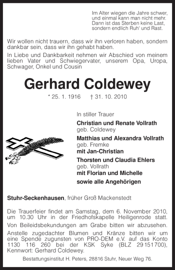 Traueranzeige von Gerhard Coldewey von KREISZEITUNG SYKE