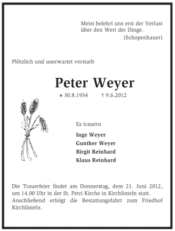 Traueranzeige von Peter Weyer von KREISZEITUNG SYKE