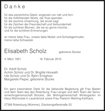 Traueranzeige von Elisabeth Scholz von KREISZEITUNG SYKE