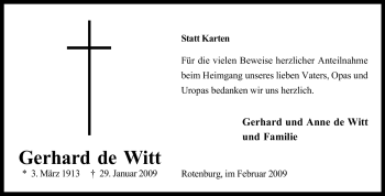 Traueranzeige von Gerhard de Witt von KREISZEITUNG SYKE