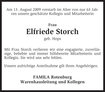 Traueranzeige von Elfriede Storch von KREISZEITUNG SYKE