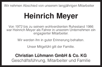 Traueranzeige von Heinrich Meyer von KREISZEITUNG SYKE