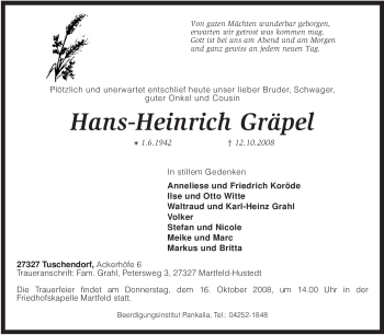 Traueranzeige von Hans-Heinrich Gräpel von KREISZEITUNG SYKE