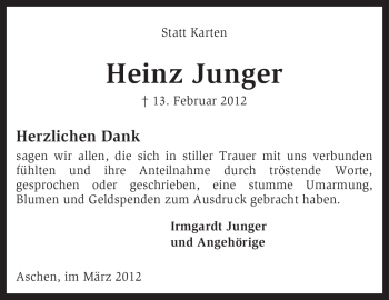 Traueranzeige von Heinz Junger von KREISZEITUNG SYKE