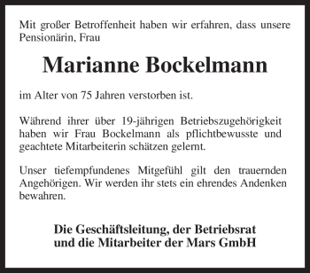 Traueranzeige von Marianne Bockelmann von KREISZEITUNG SYKE