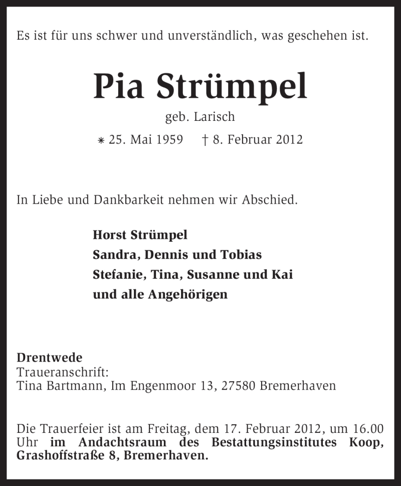  Traueranzeige für Pia Strümpel vom 16.02.2012 aus KREISZEITUNG SYKE