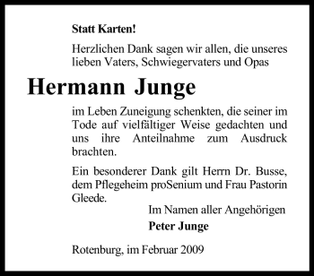 Traueranzeige von Hermann Junge von KREISZEITUNG SYKE
