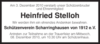 Traueranzeige von Heinfried Stelloh von KREISZEITUNG SYKE