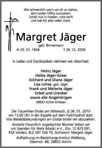 Traueranzeige von Margret Jäger von KREISZEITUNG SYKE