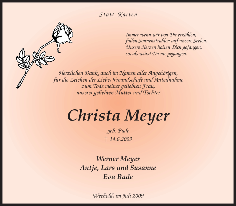  Traueranzeige für Christa Meyer vom 31.07.2009 aus KREISZEITUNG SYKE