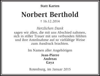 Traueranzeige von Norbert Berthold von KRZ