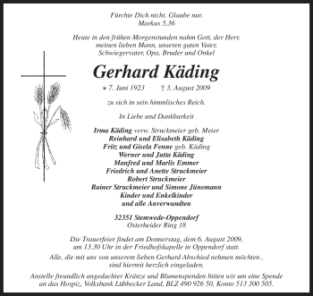 Traueranzeige von Gerhard Käding von KREISZEITUNG SYKE