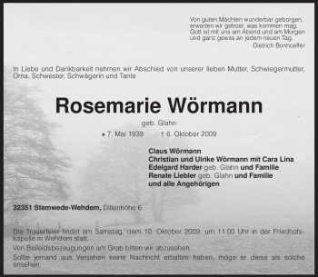 Traueranzeige von Rosemarie Wörmann von KREISZEITUNG SYKE