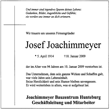 Traueranzeige von Josef Joachimmeyer von KREISZEITUNG SYKE