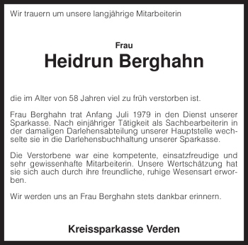 Traueranzeige von Heidrun Berghahn von KREISZEITUNG SYKE