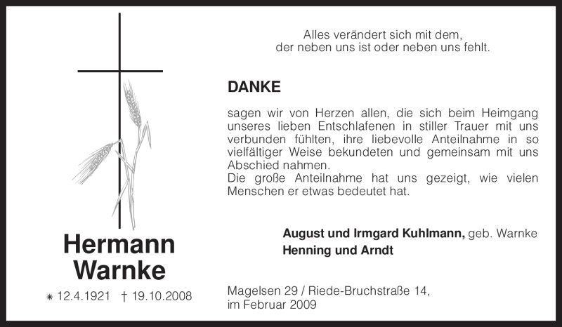  Traueranzeige für Hermann Warnke vom 12.02.2009 aus KREISZEITUNG SYKE