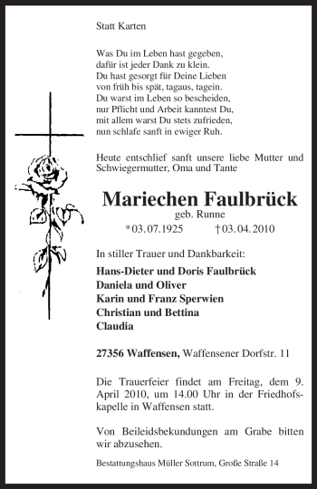 Traueranzeige von Mariechen Faulbrück von KREISZEITUNG SYKE