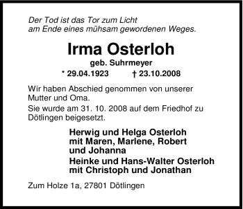 Traueranzeige von Irma Osterloh 