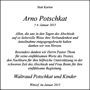 Traueranzeige von Arno Potschkat von KRZ