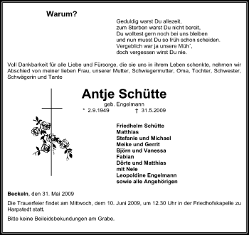 Traueranzeige von Antje Schütte von KREISZEITUNG SYKE