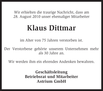 Traueranzeige von Klaus Dittmar von KREISZEITUNG SYKE