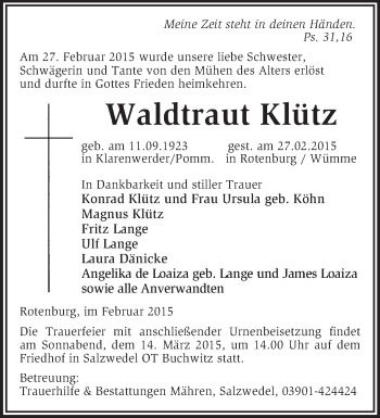 Traueranzeige von Waltraut Klütz von KRZ