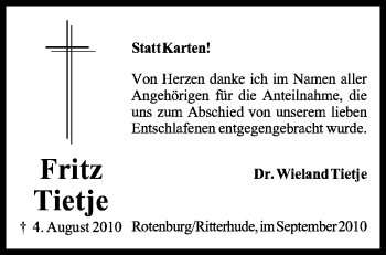 Traueranzeige von Fritz Tietje von KREISZEITUNG SYKE