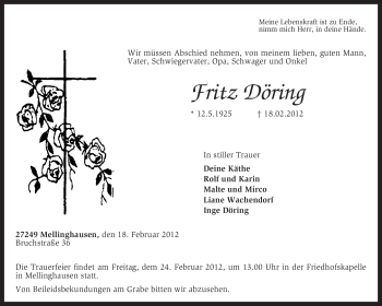 Traueranzeige von Fritz Döring von KREISZEITUNG SYKE