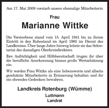 Traueranzeige von Marianne Wittke von KREISZEITUNG SYKE