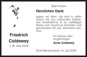 Traueranzeige von Friedrich Coldewey von KREISZEITUNG SYKE