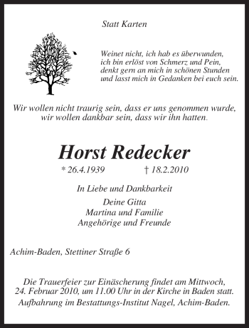 Traueranzeige von Horst Redecker von KREISZEITUNG SYKE