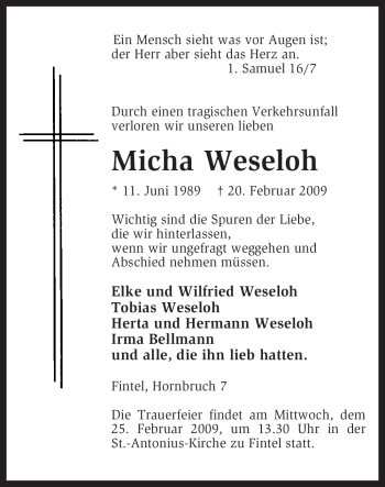 Traueranzeige von Micha Weseloh von KREISZEITUNG SYKE