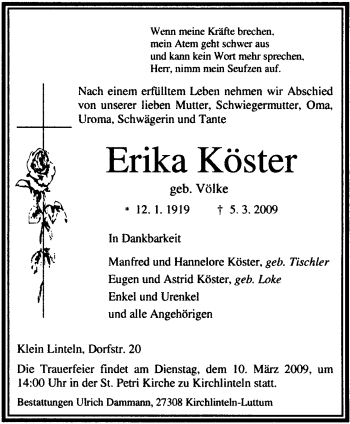 Traueranzeige von Erika Köster von KREISZEITUNG SYKE