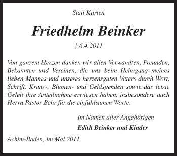 Traueranzeige von Friedhelm Beinker von KREISZEITUNG SYKE
